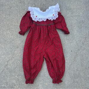 Vintage Bryan red green Christmas Holly Jumpsuit with White Bib Collar 2T